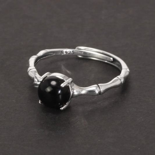 Bamboo and Onyx 925 Sterling Silver Adjustable Ring
