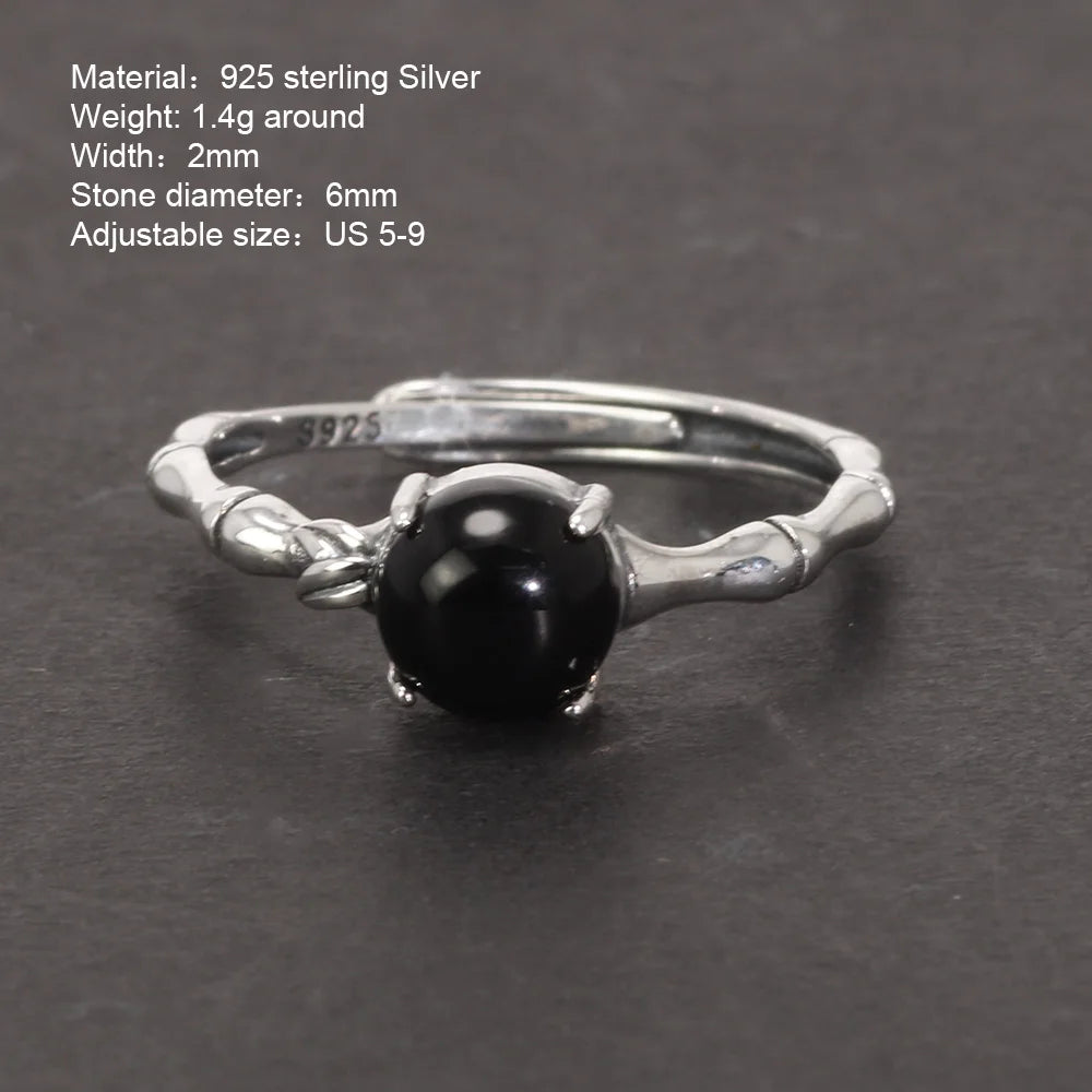 Bamboo and Onyx 925 Sterling Silver Adjustable Ring