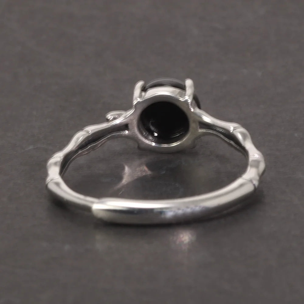 Bamboo and Onyx 925 Sterling Silver Adjustable Ring