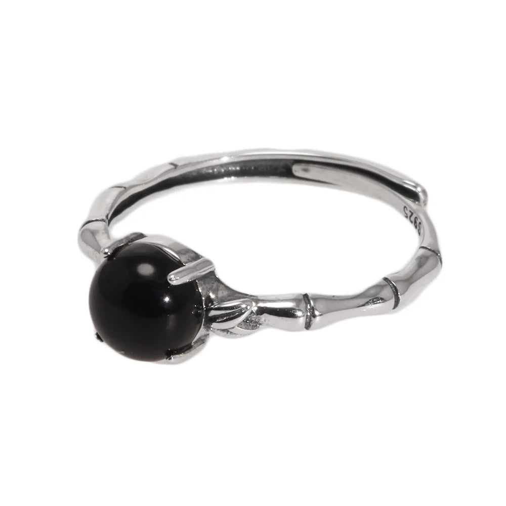 Bamboo and Onyx 925 Sterling Silver Adjustable Ring