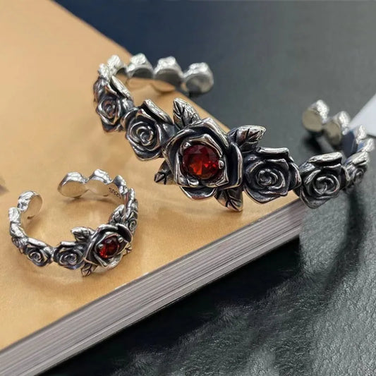 Garden Roses 925 Sterling Silver Ring and Bracelet