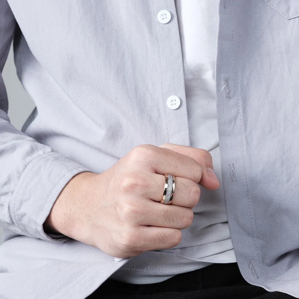 Golden Raijin Thunderbolt Tungsten Carbide Ring with Meteorite Inlay