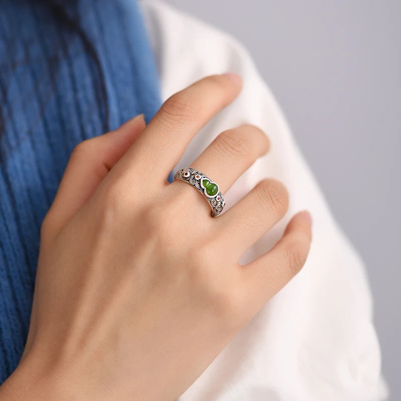 Green Gourd Adjustable 925 Sterling Silver Ring