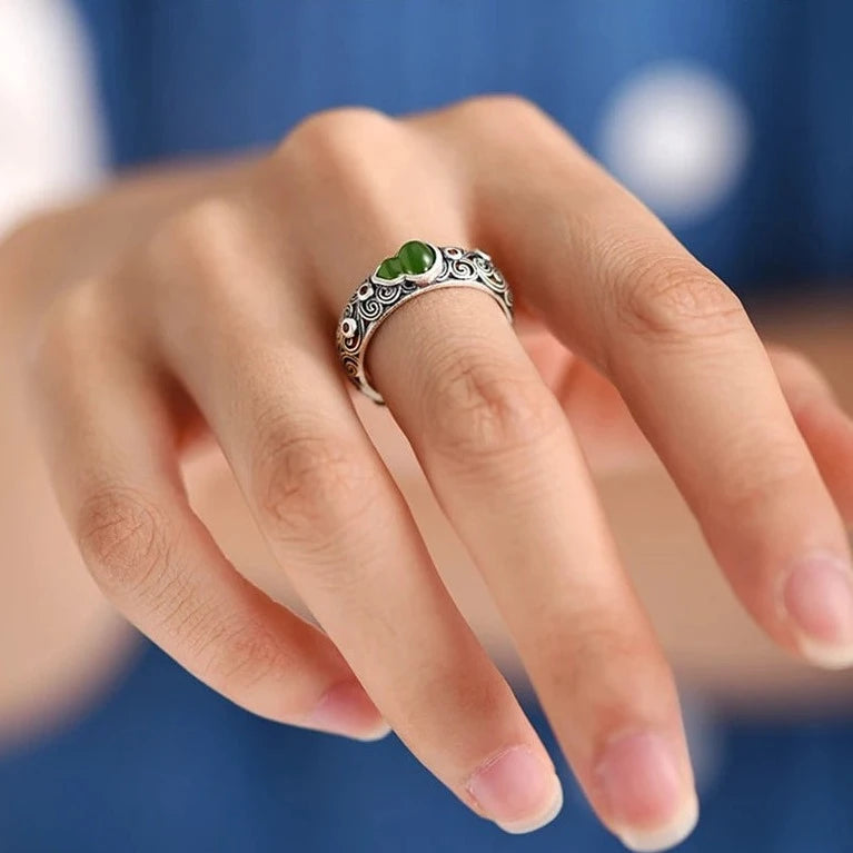 Green Gourd Adjustable 925 Sterling Silver Ring