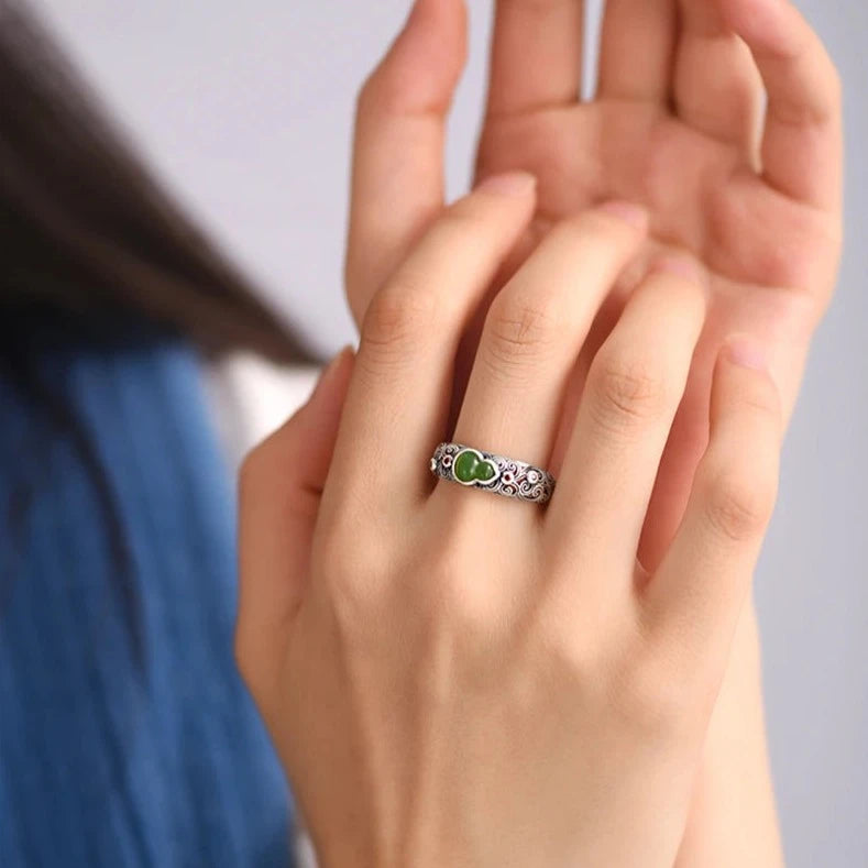 Green Gourd Adjustable 925 Sterling Silver Ring