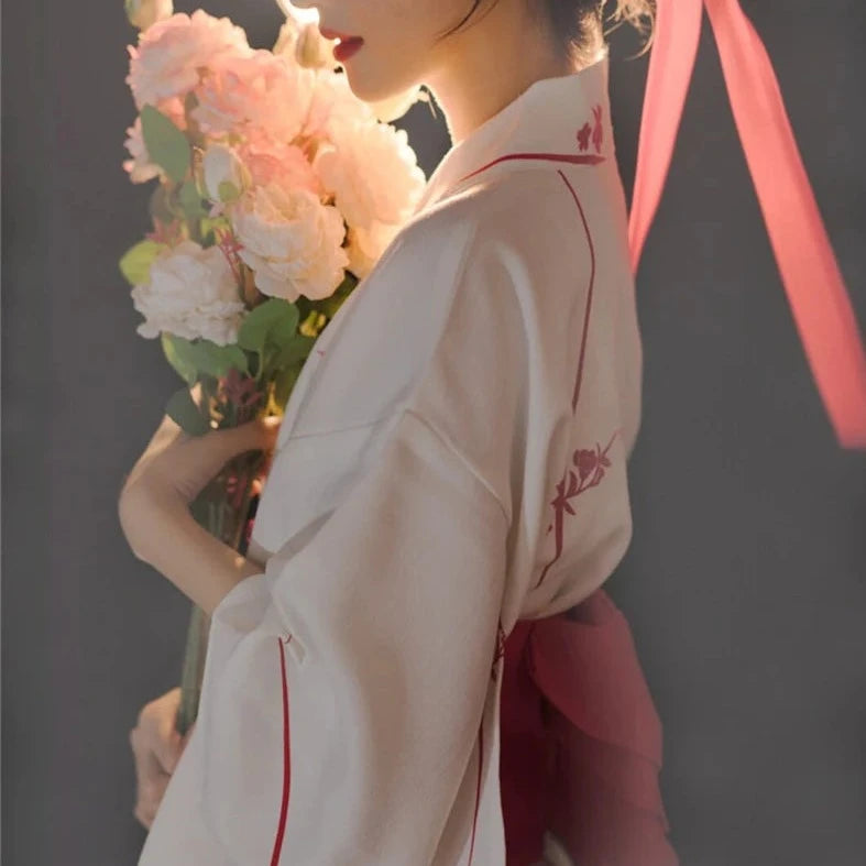 Red Sakura on Snow Yukata Kimono and Robe