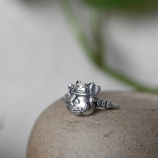 Lucky Cat Maneki Neko 925 Sterling Silver Ring