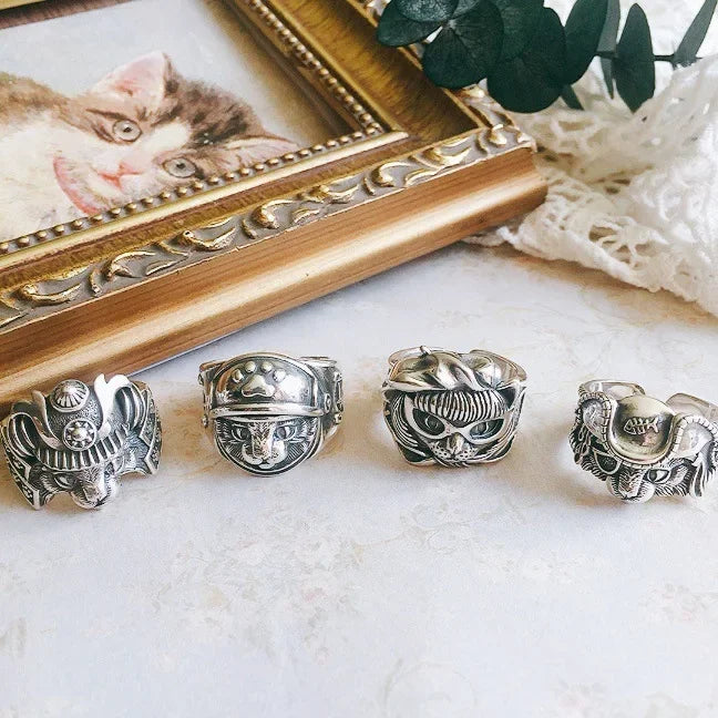 Samurai Neko Cat Adjustable Steel Ring