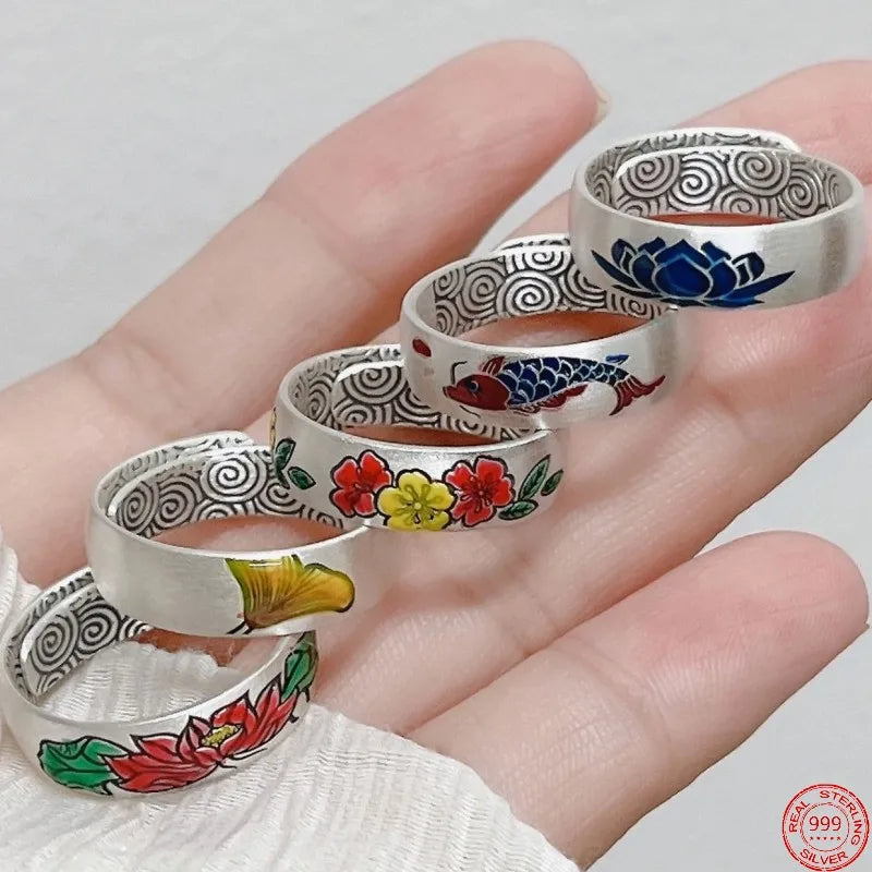 Carp, Plum and Apricot Adjustable 999 Fine Silver Ring
