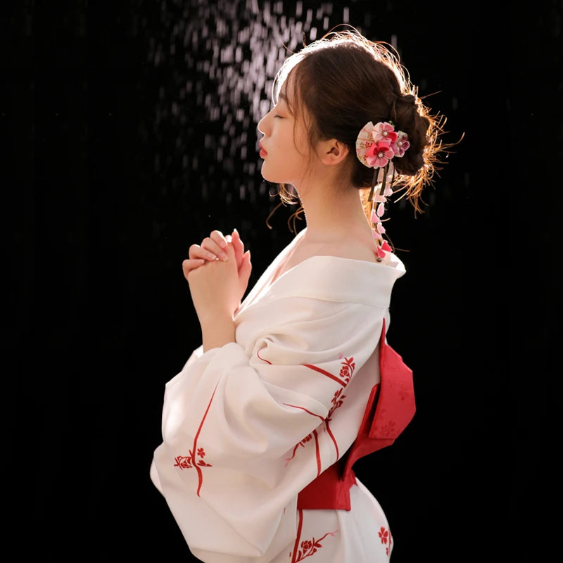 Red Sakura on Snow Yukata Kimono and Robe