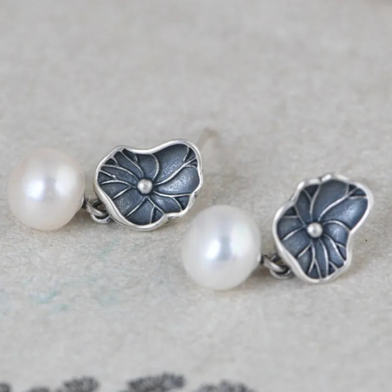 Lotus with Pearl 925 Sterling Silver Earrings