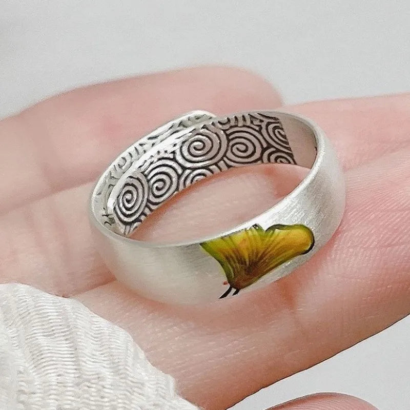 Carp, Plum and Apricot Adjustable 999 Fine Silver Ring
