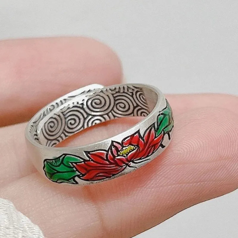 Carp, Plum and Apricot Adjustable 999 Fine Silver Ring