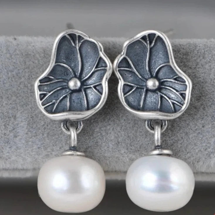 Lotus with Pearl 925 Sterling Silver Earrings