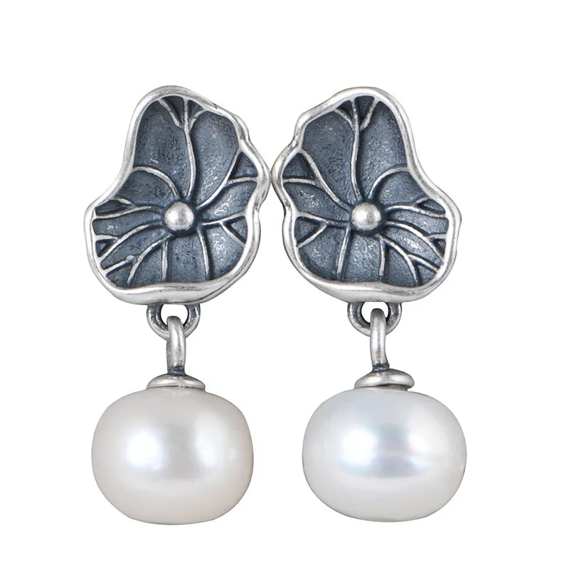Lotus with Pearl 925 Sterling Silver Earrings