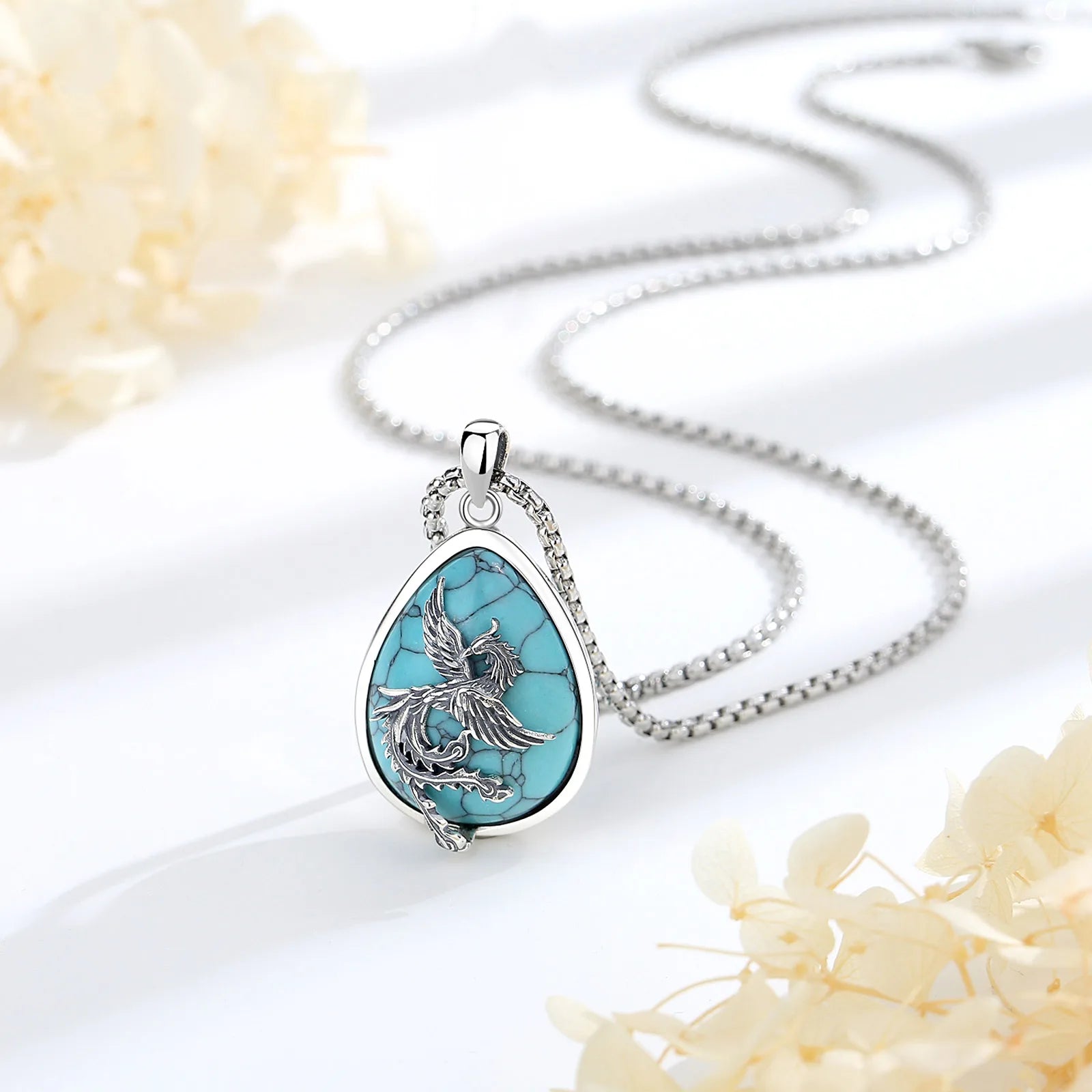 Phoenix over Turquoise  925 Silver Necklace