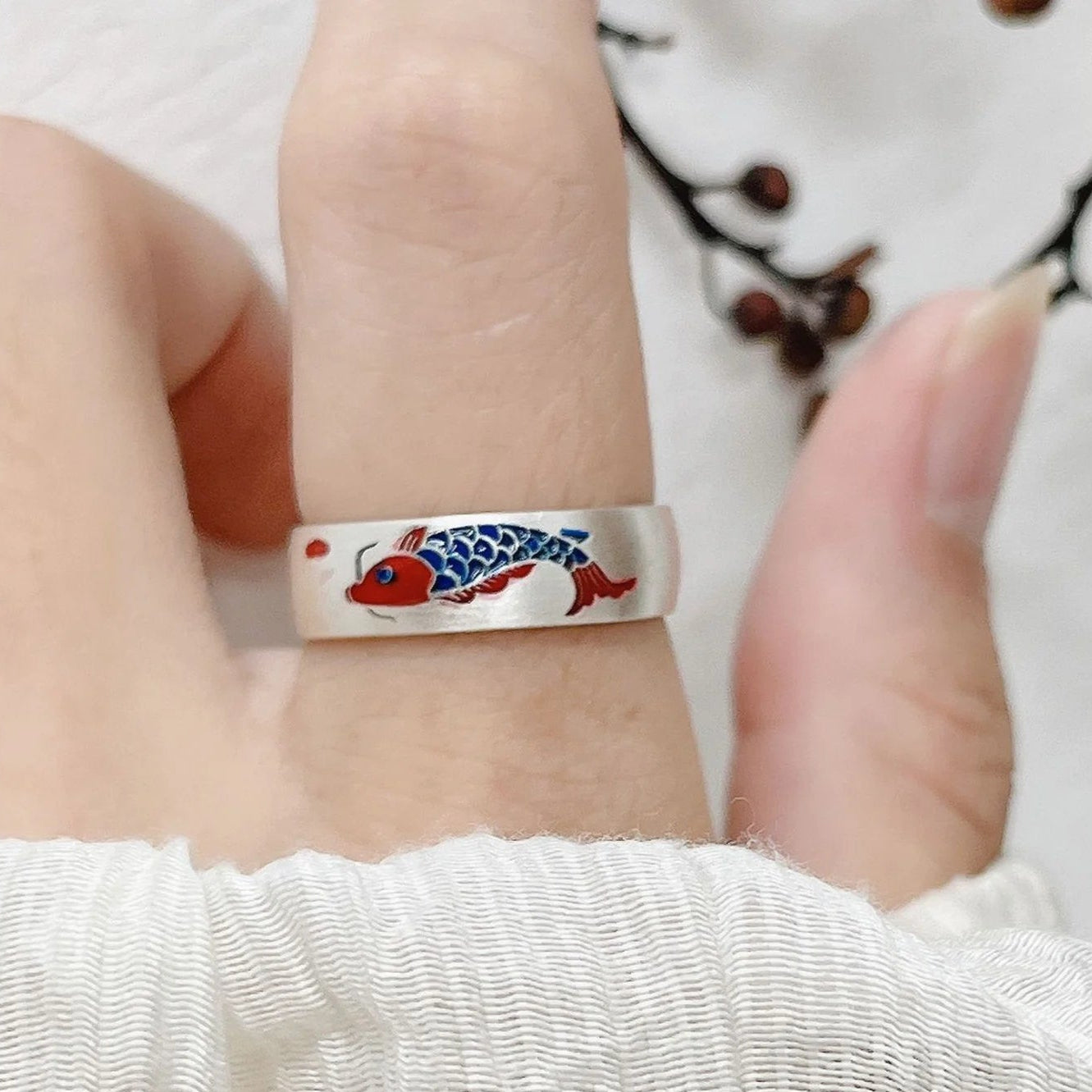 Carp, Plum and Apricot Adjustable 999 Fine Silver Ring