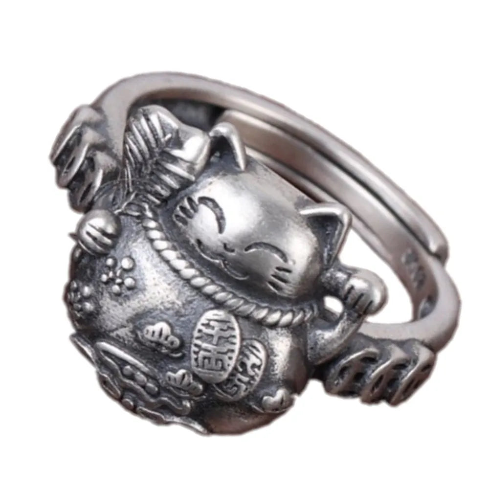 Lucky Cat Maneki Neko 925 Sterling Silver Ring