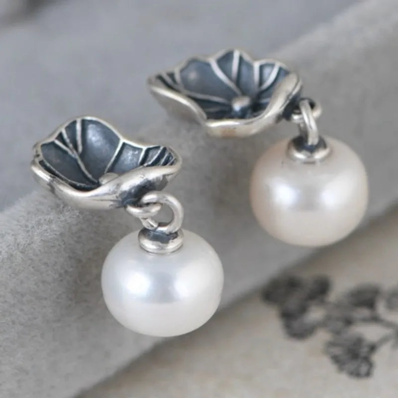 Lotus with Pearl 925 Sterling Silver Earrings