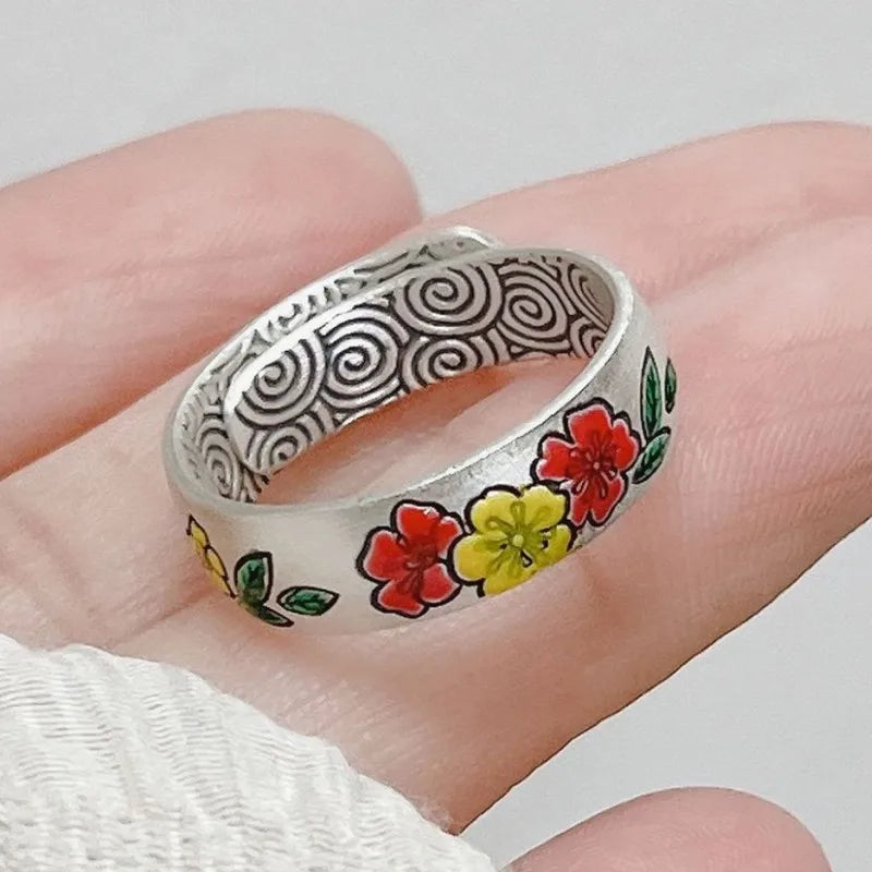 Carp, Plum and Apricot Adjustable 999 Fine Silver Ring
