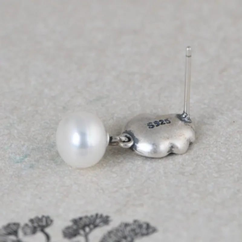 Lotus with Pearl 925 Sterling Silver Earrings