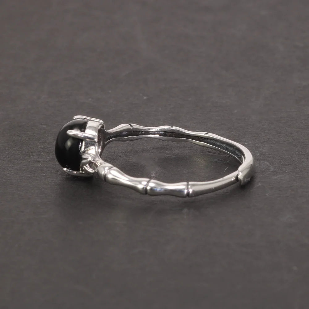 Bamboo and Onyx 925 Sterling Silver Adjustable Ring