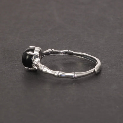 Bamboo and Onyx 925 Sterling Silver Adjustable Ring