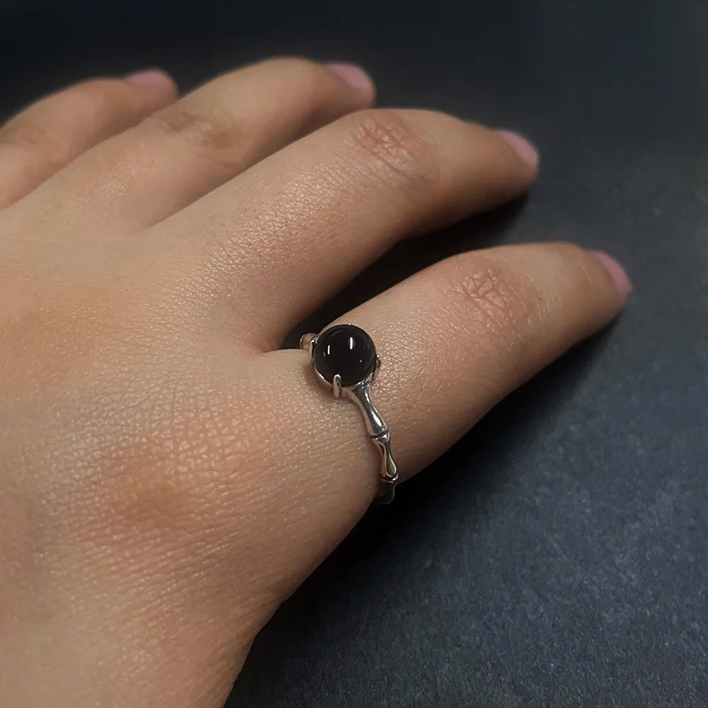 Bamboo and Onyx 925 Sterling Silver Adjustable Ring