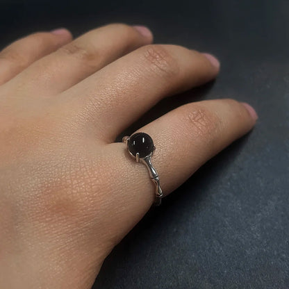 Bamboo and Onyx 925 Sterling Silver Adjustable Ring