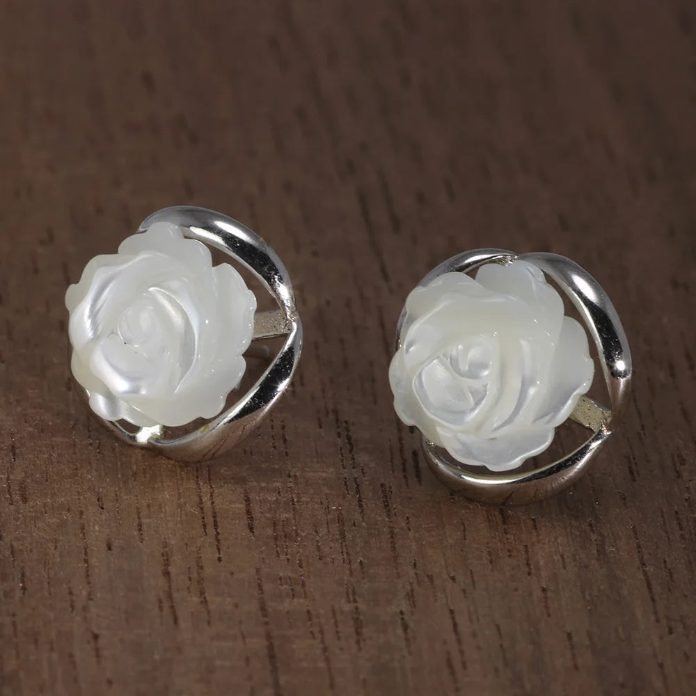 Bara the  White Rose 925 Sterling Silver Earrings