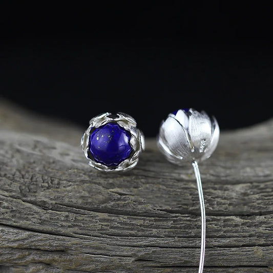 Blue Lotus 925 Sterling Silver Earrings with Lapis Lazuli