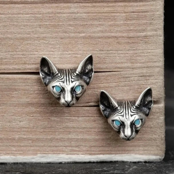 Blue Eyes Cat Stud Earrings in 925 Sterling Silver