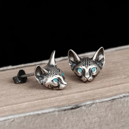 Blue Eyes Cat Stud Earrings in 925 Sterling Silver