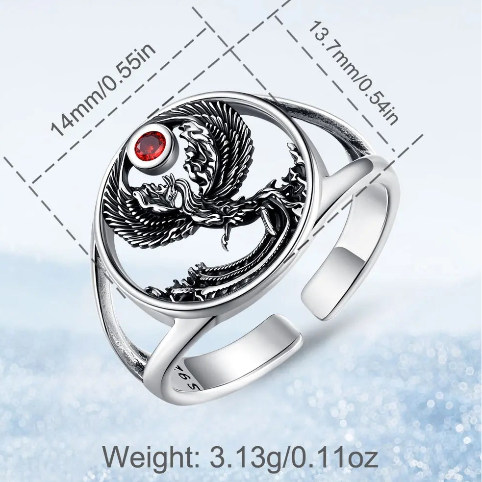 Fire Phoenix Adjustable 925 Sterling Silver Ring