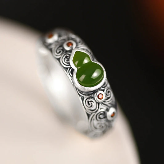 Green Gourd Adjustable 925 Sterling Silver Ring