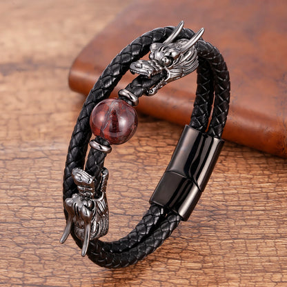 Japanese Dragon Leather Bracelet With Stone