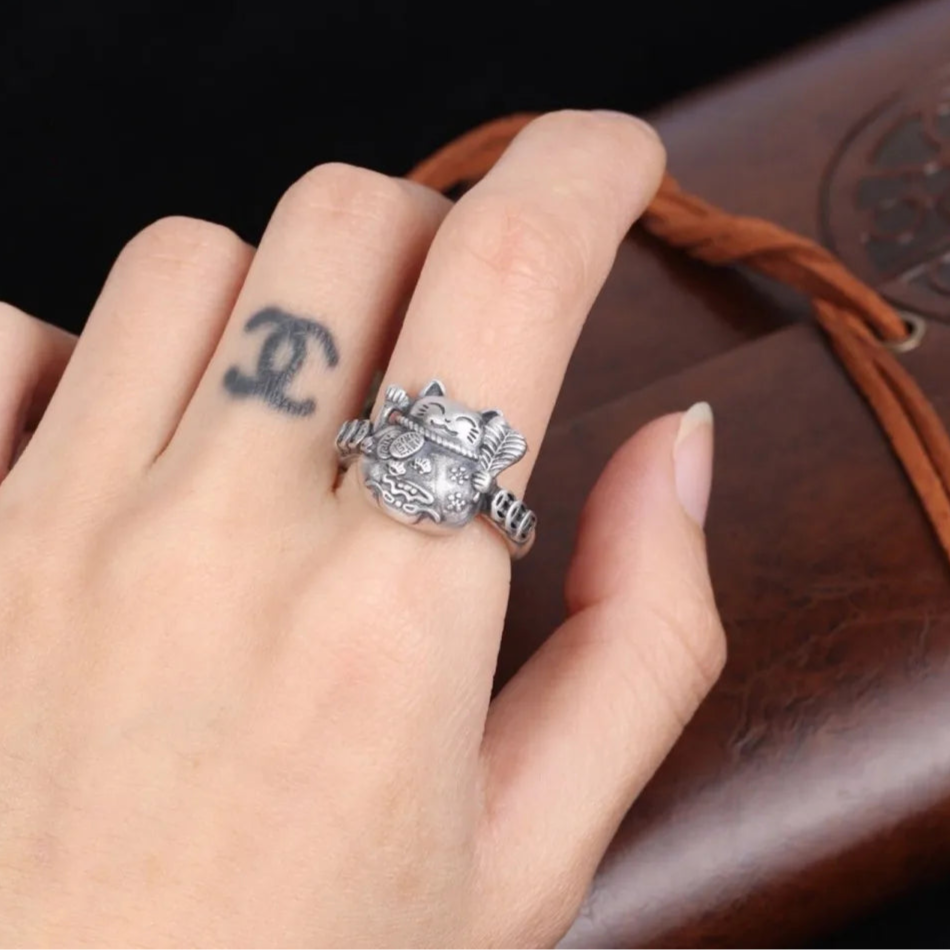 Lucky Cat Maneki Neko 925 Sterling Silver Ring