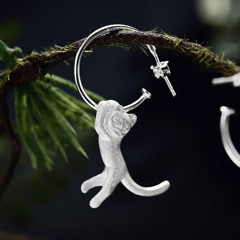 Neko Happy Cat Drop Earrings in 925 Sterling Silver