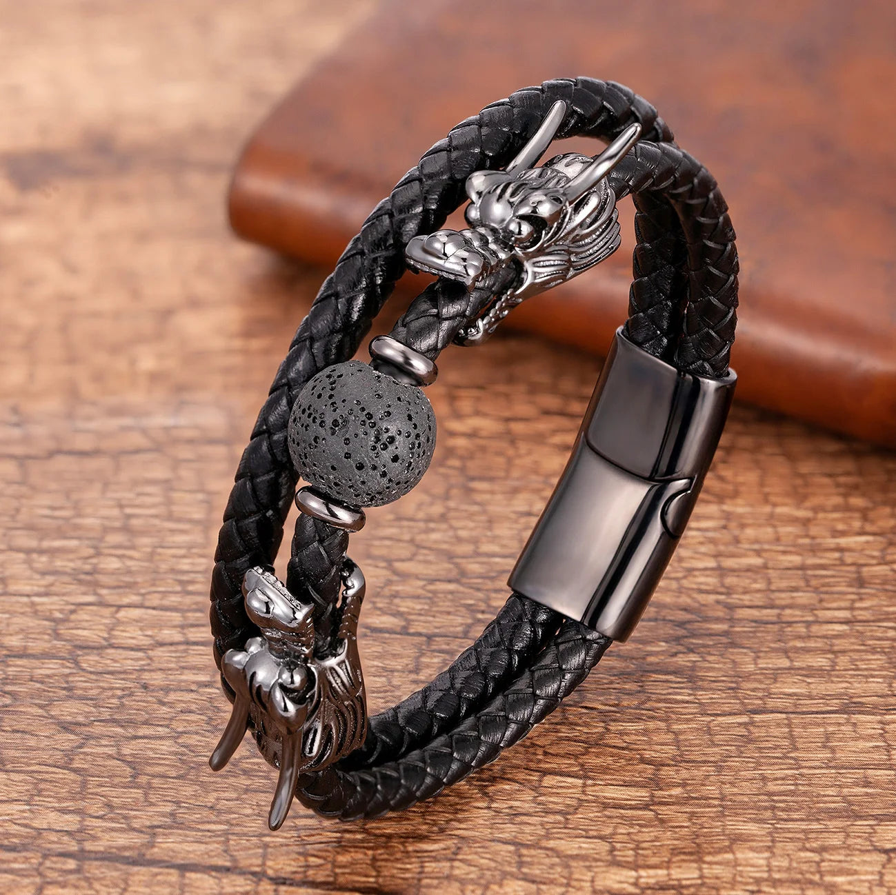 Japanese Dragon Leather Bracelet With Stone