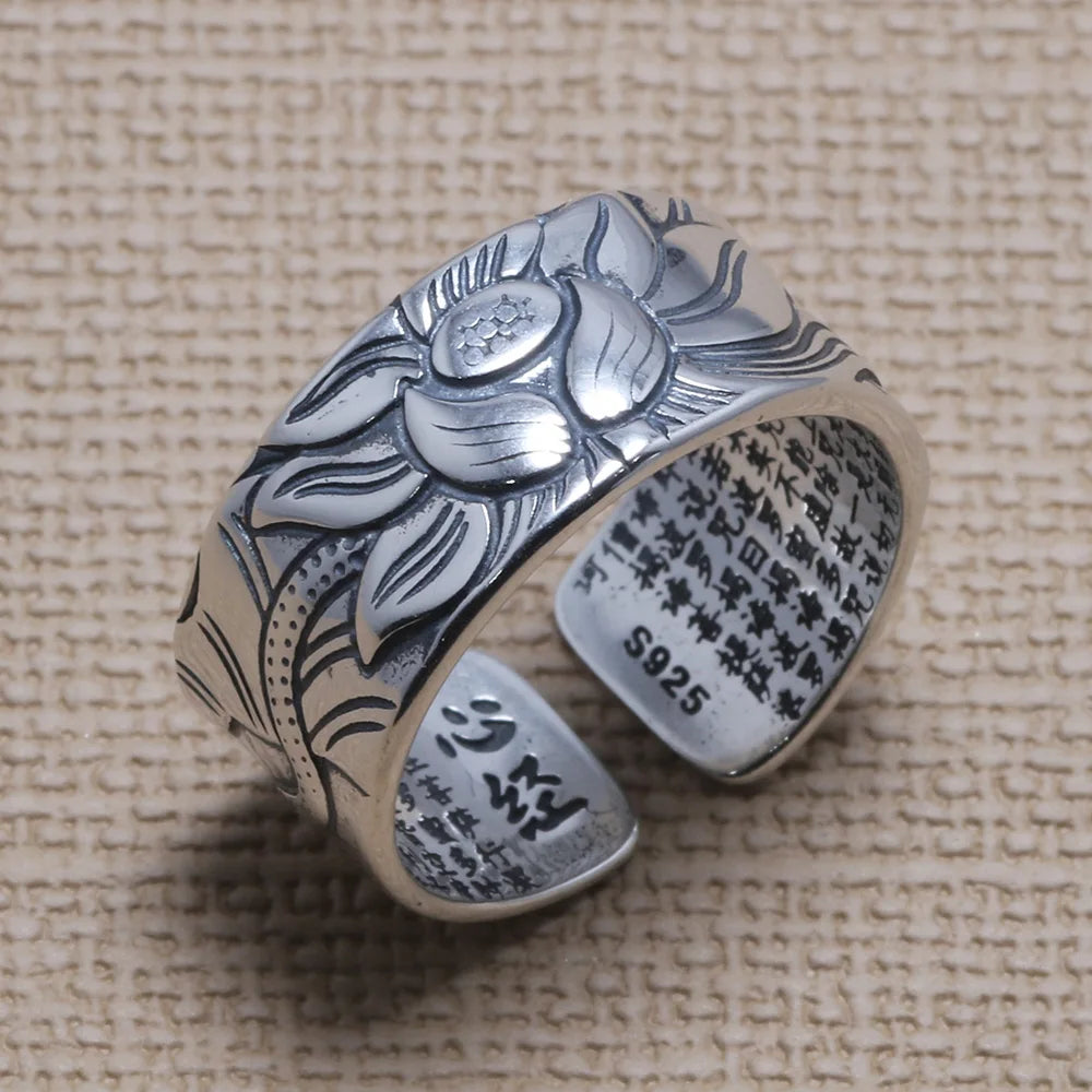 Lotus and Heart Sutra 925 Sterling Silver Ring