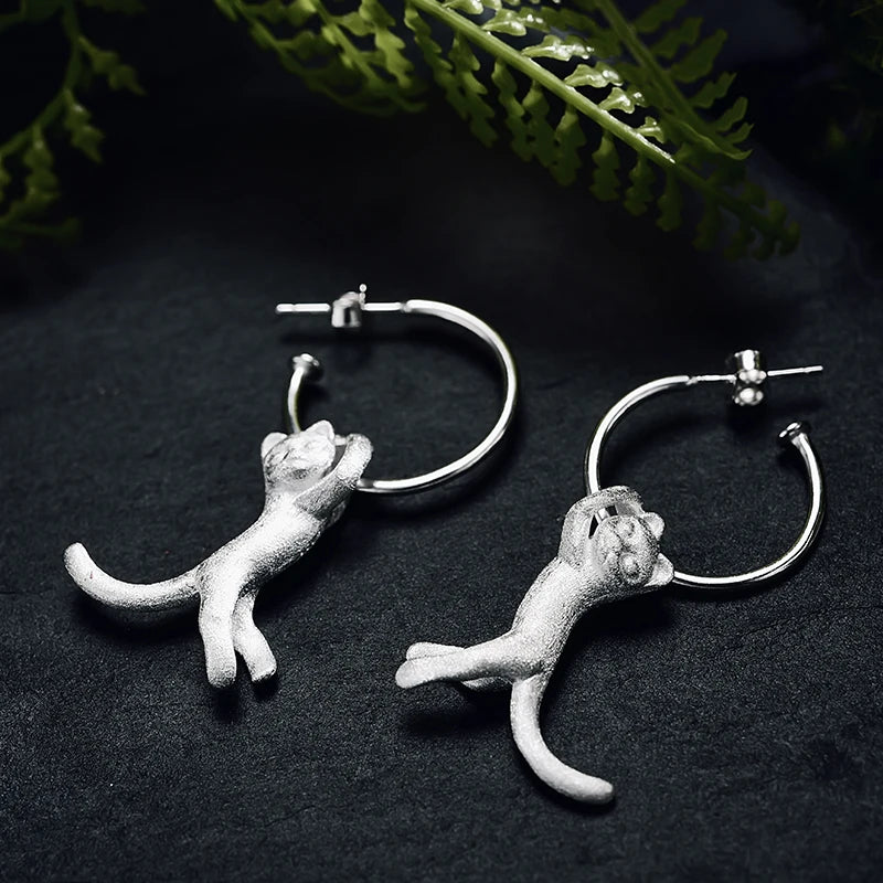 Neko Happy Cat Drop Earrings in 925 Sterling Silver