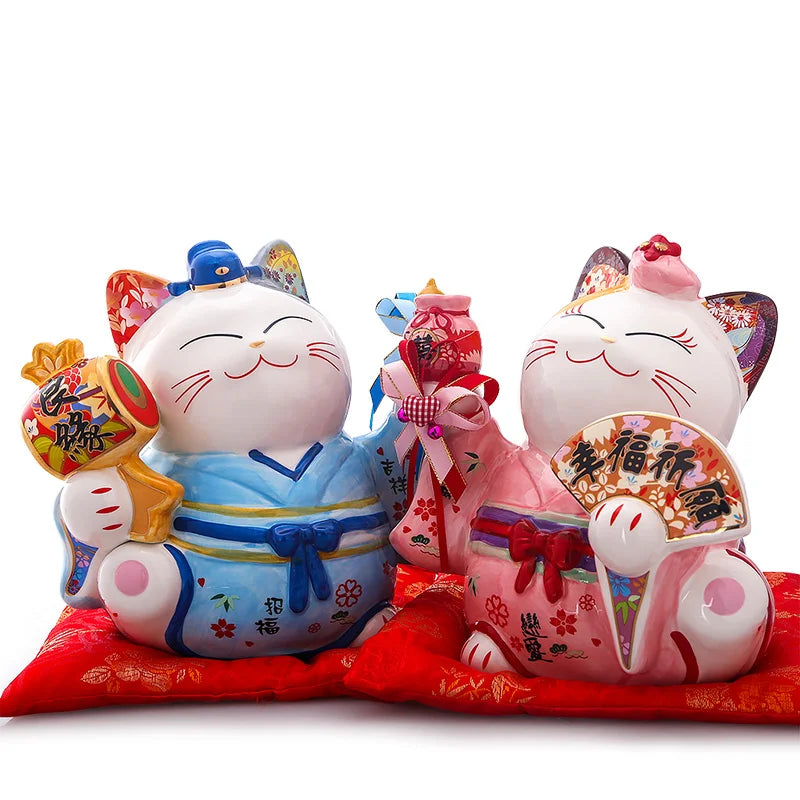 Authentic Japanese Porcelain Maneki Neko Lucky Cat – With Kimono Pouch Figure (Made In Japan)