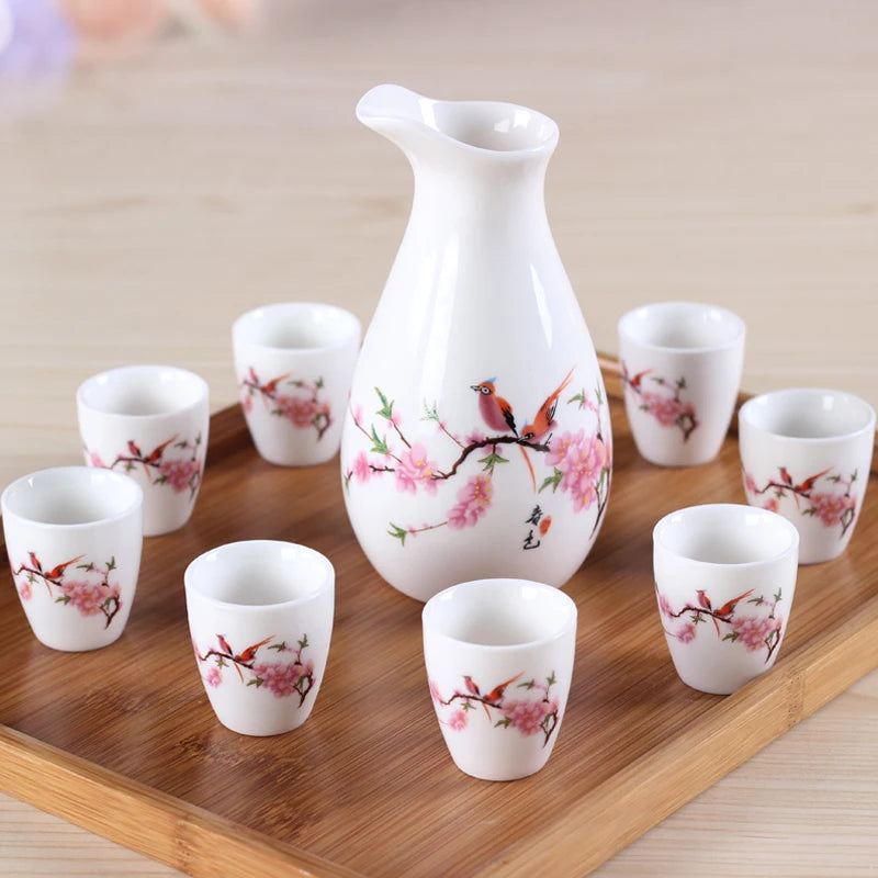 Sakura Sake Set with Tokkuri Bottle and 6 Ochoko Cups