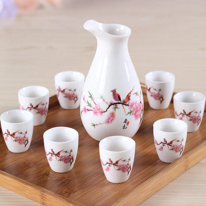 Sakura Sake Set with Tokkuri Bottle and 6 Ochoko Cups