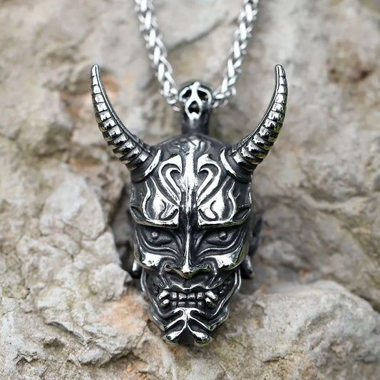 Hannya Mask Long Horns Steel Necklace