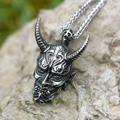 Hannya Mask Long Horns Steel Necklace