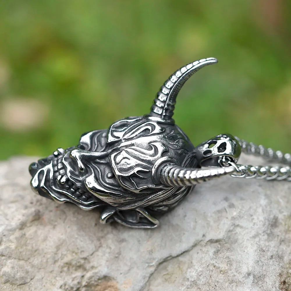 Hannya Mask Long Horns Steel Necklace