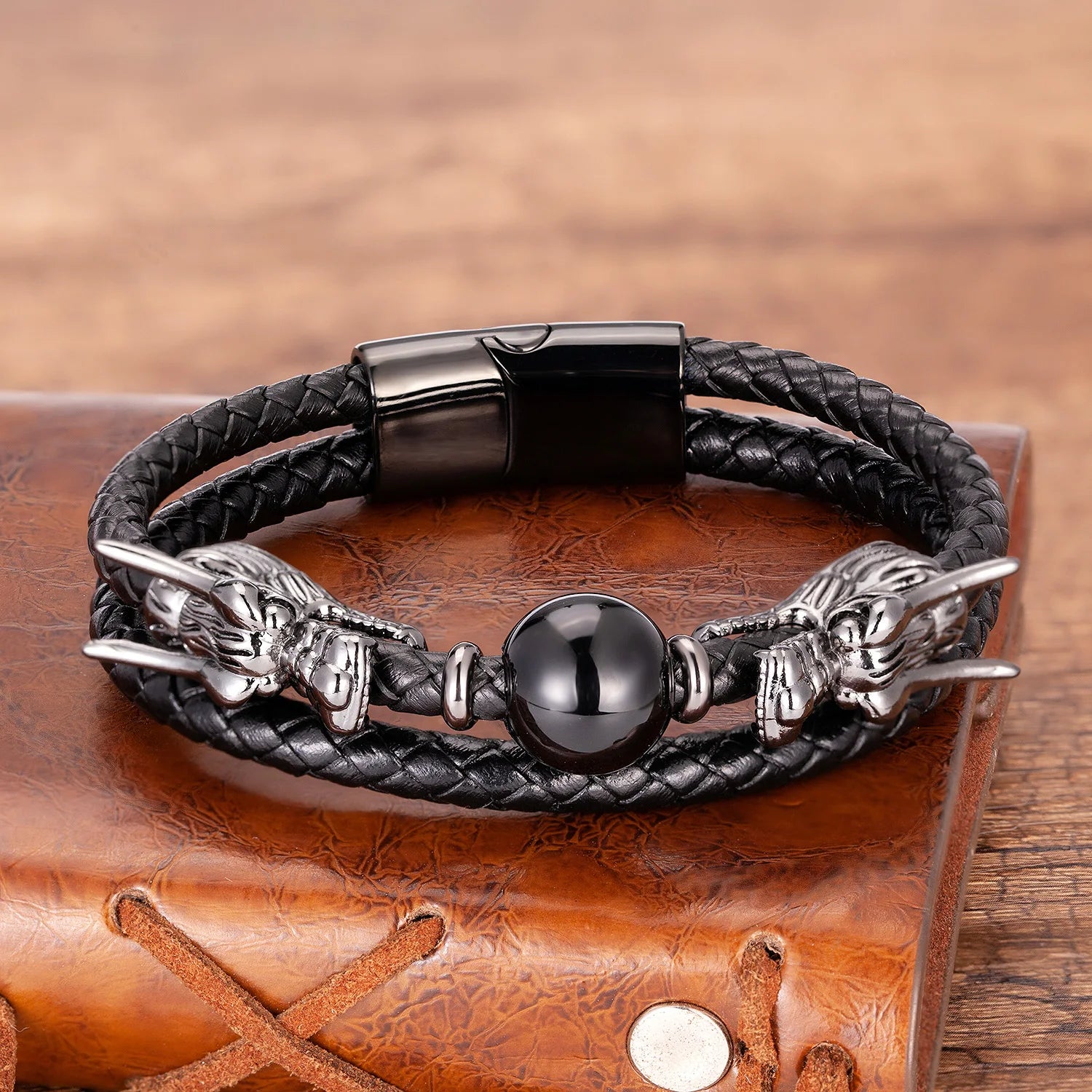 Japanese Dragon Leather Bracelet With Stone