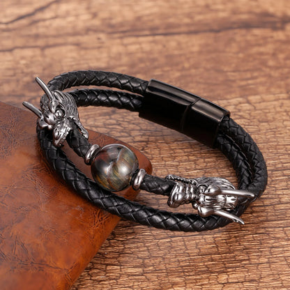 Japanese Dragon Leather Bracelet With Stone