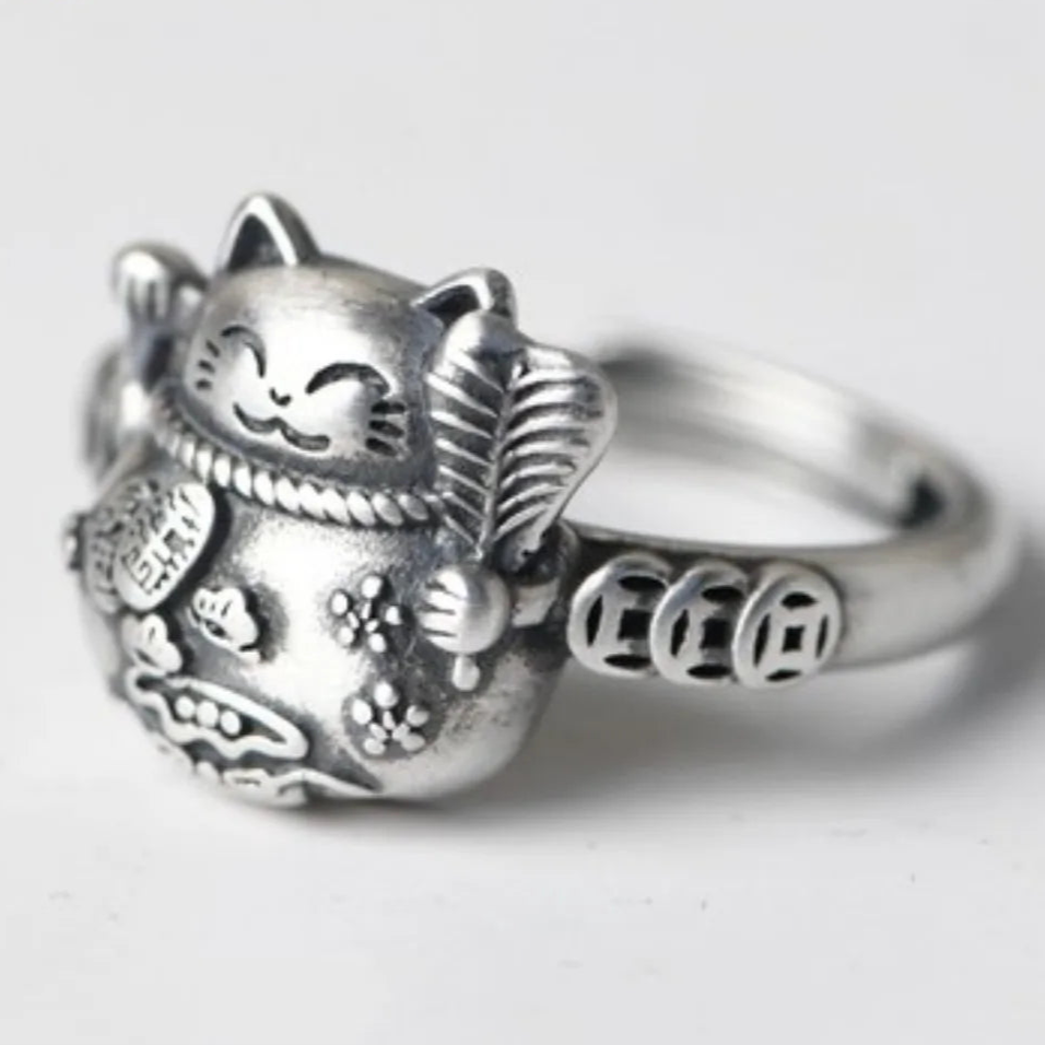 Lucky Cat Maneki Neko 925 Sterling Silver Ring